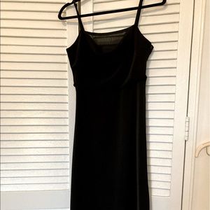 Midi length little black dress with sheer chest detail and cowl neck
